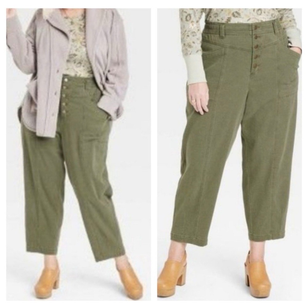 Knox Rose Womens 3X Olive Green Mid Rise Button Fly‎ Tapered Cropped Pants
